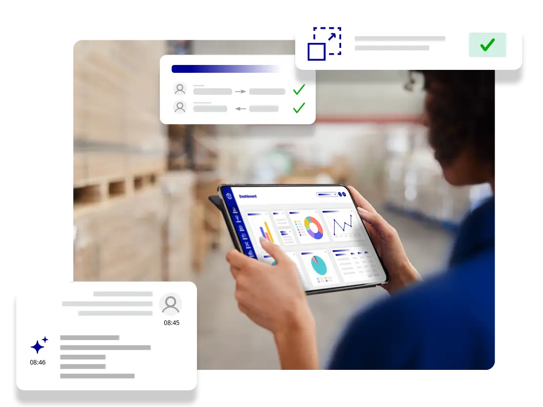 woman holding a tab in a warehouse, on the tab you can see a clear dasboard. Around this image they are some popup elements showing all the possibilities that Hardis WMS offers for 3PL (those possibilities are listed down this page later)